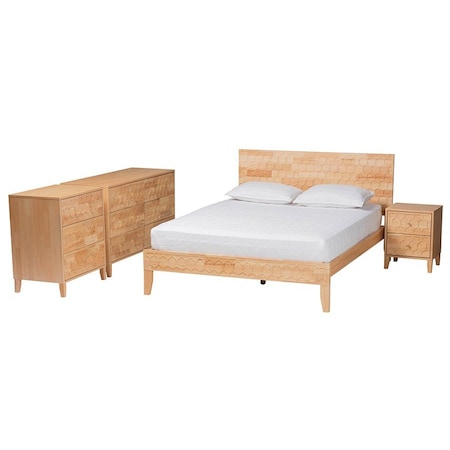 Baxton Studio Hosea Japandi Carved Honeycomb Natural Queen Size 4-Piece Bedroom Set 246-13619-13627-13622-13623-ZORO